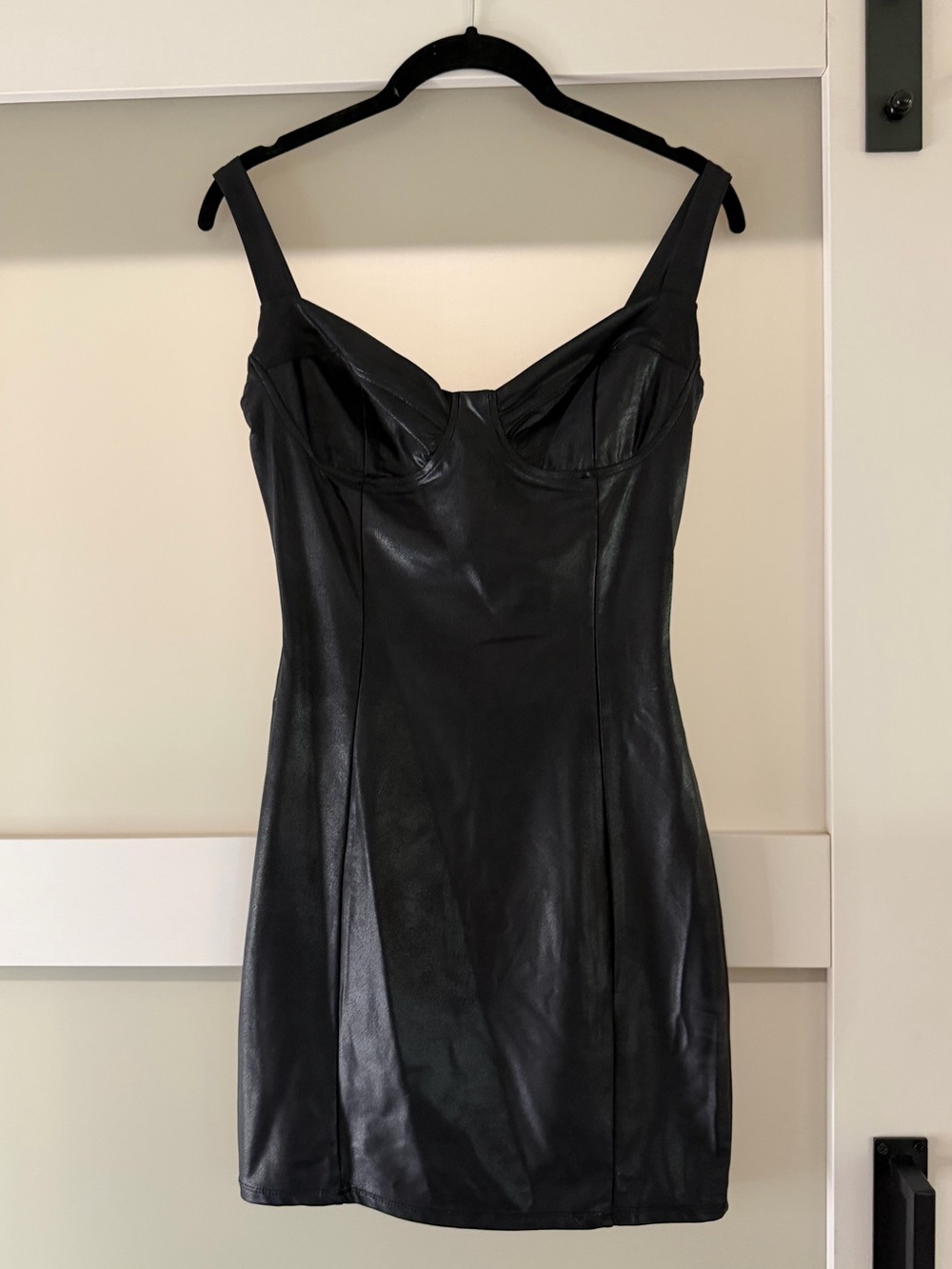 Naked Wardrobe- Black Faux Leather Bodycon Mini Dress - M